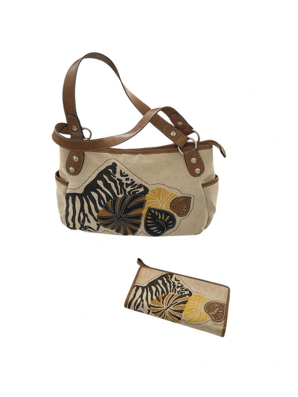 Relic Zebra Canvas and Faux Leather Handbag With Matching Wallet